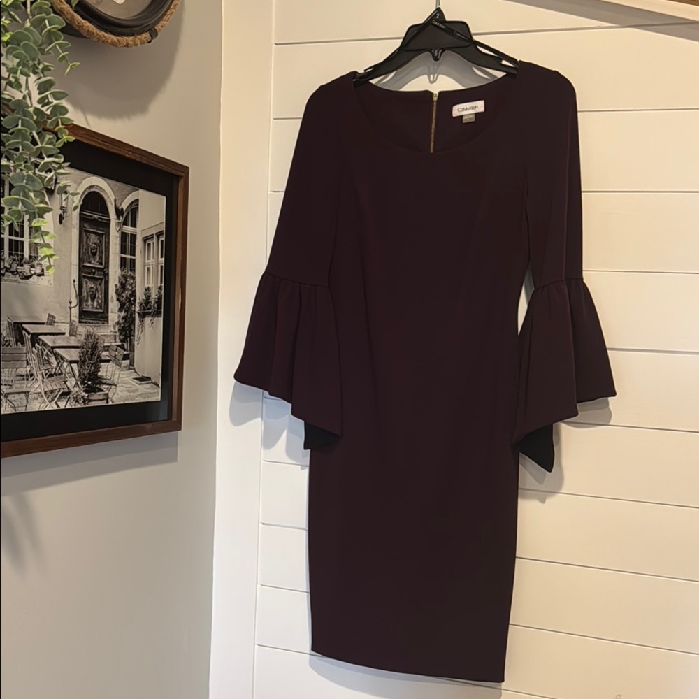 Calvin Klein Red Sheath Dress with Bell Sleeves